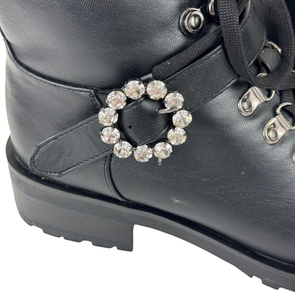 Black Moto Combat Boots Rhinestone Buckle Lug Sole Punk Biker Edgy Glam Size 8 - Picture 8 of 11